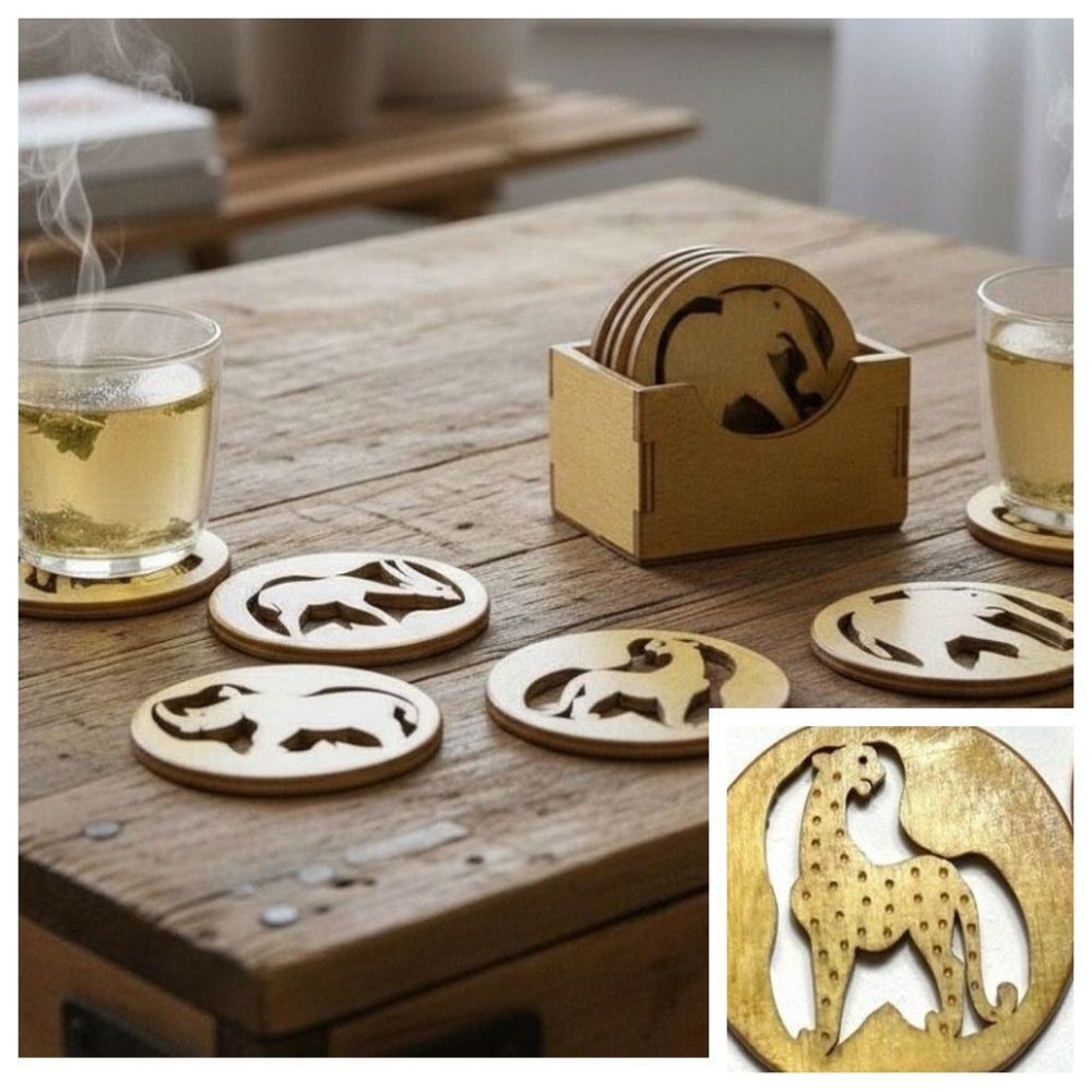 Hand-Carved Wooden Safari Animal Coaster Set with Holder – 6 Piece Jungle Decor